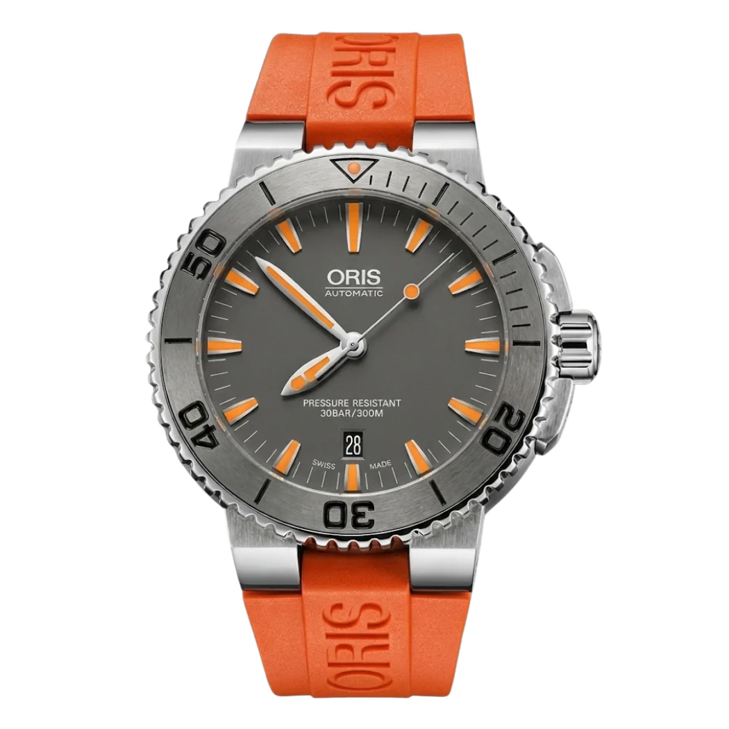 Oris Orange Silicone Strap Grey Dial Automatic Watch for Gents - ORIS 01733765341580742632EB