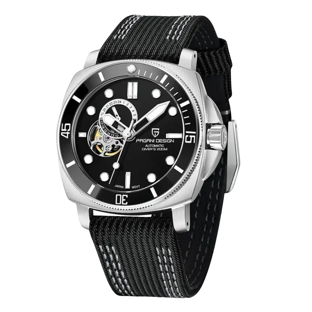 Pagani Black Leather Strap Black Dial Automatic Watch for Gents - PD-1736