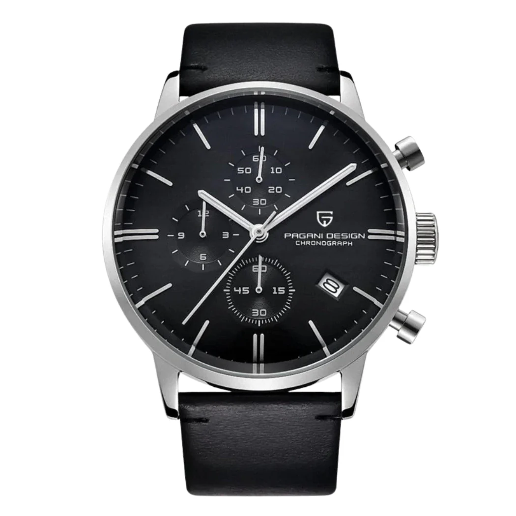 Pagani Design Black Leather Strap Black Dial Chronograph Quartz Watch for Gents - PD2720K