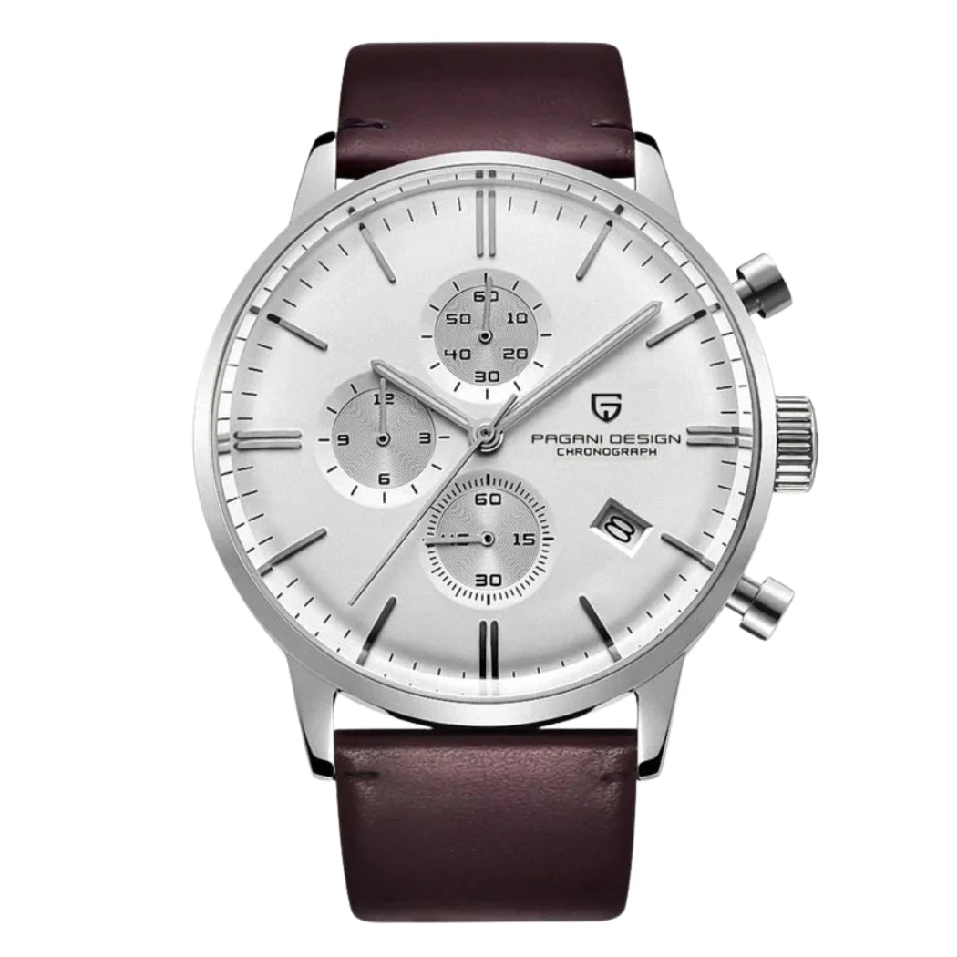 Pagani Design Brown Leather Strap White Dial Chronograph Quartz Watch for Gents - PD2720K