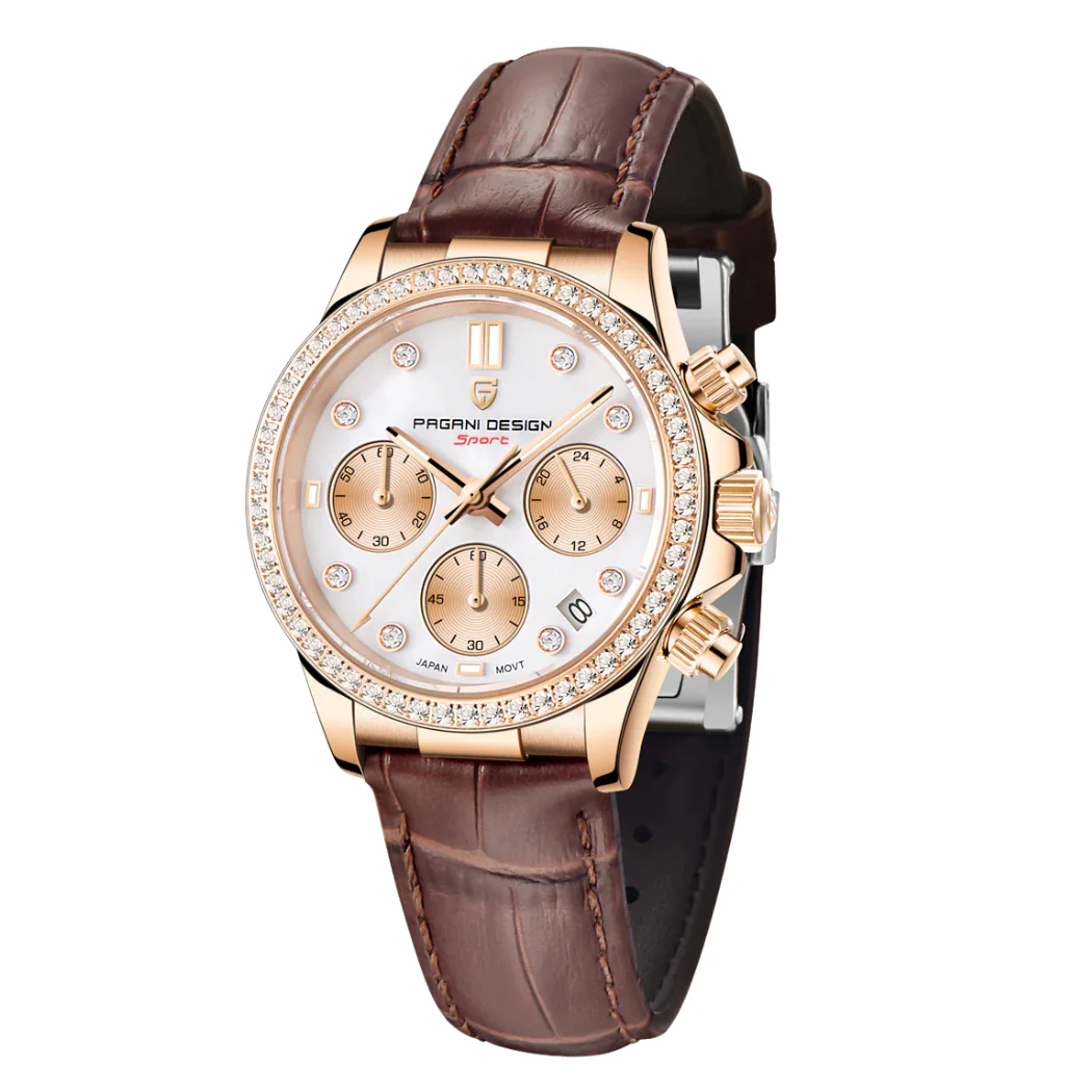 Pagani Design Brown Leather Strap White Dial Quartz Watch for Ladies - PD-1730