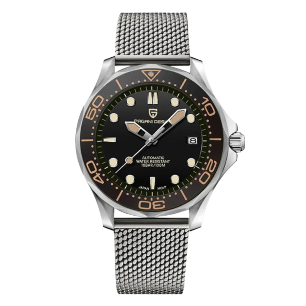 Pagani Design Silver Mesh Bracelet Black Dial Automatic Watch for Gents - PD1667