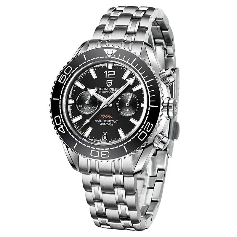 Pagani Design Silver Stainless Steel Black Dial Chronograph Quartz Watch for Gents - PD1711