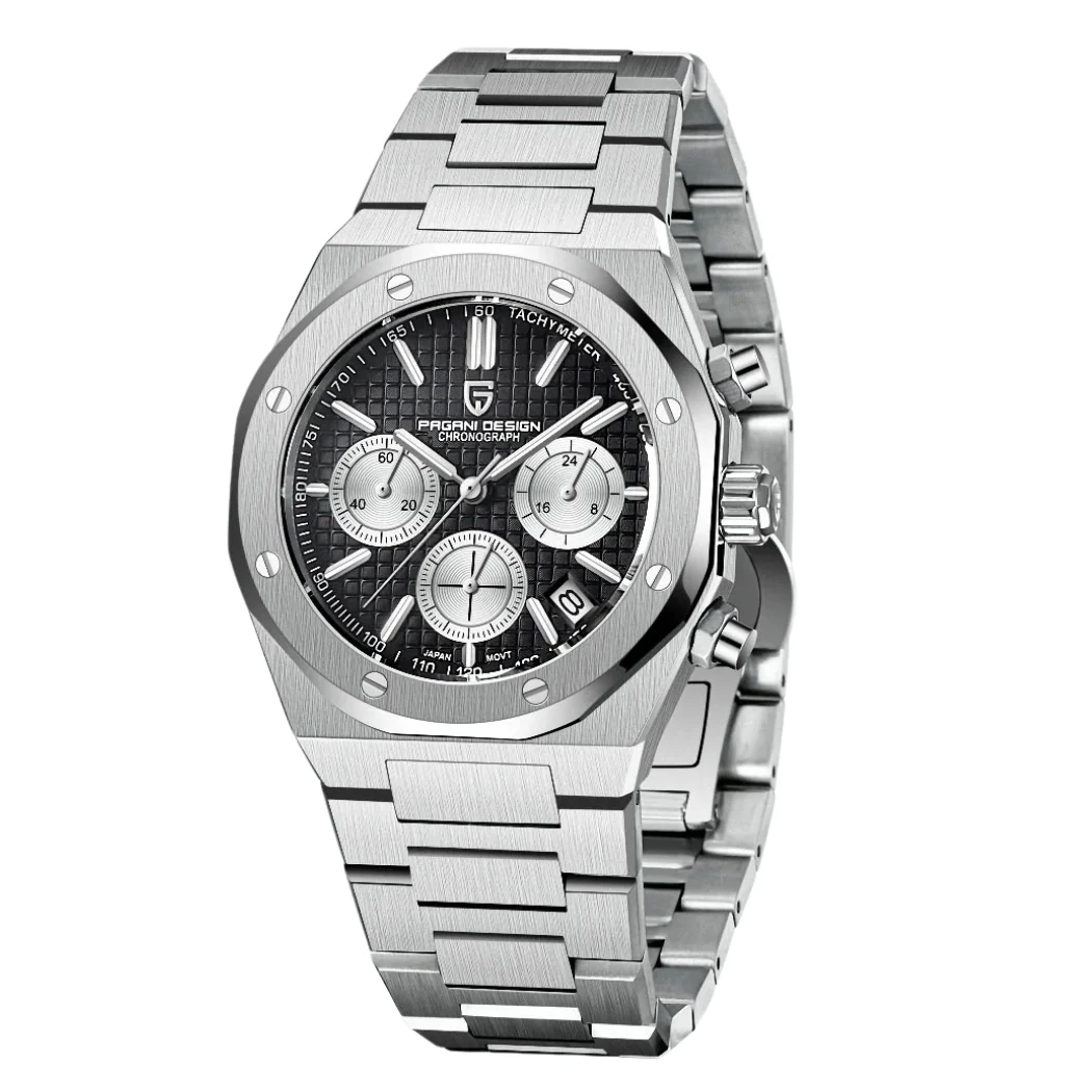 Pagani Design Silver Stainless Steel Black Dial Quartz Watch for Gents - PD1707