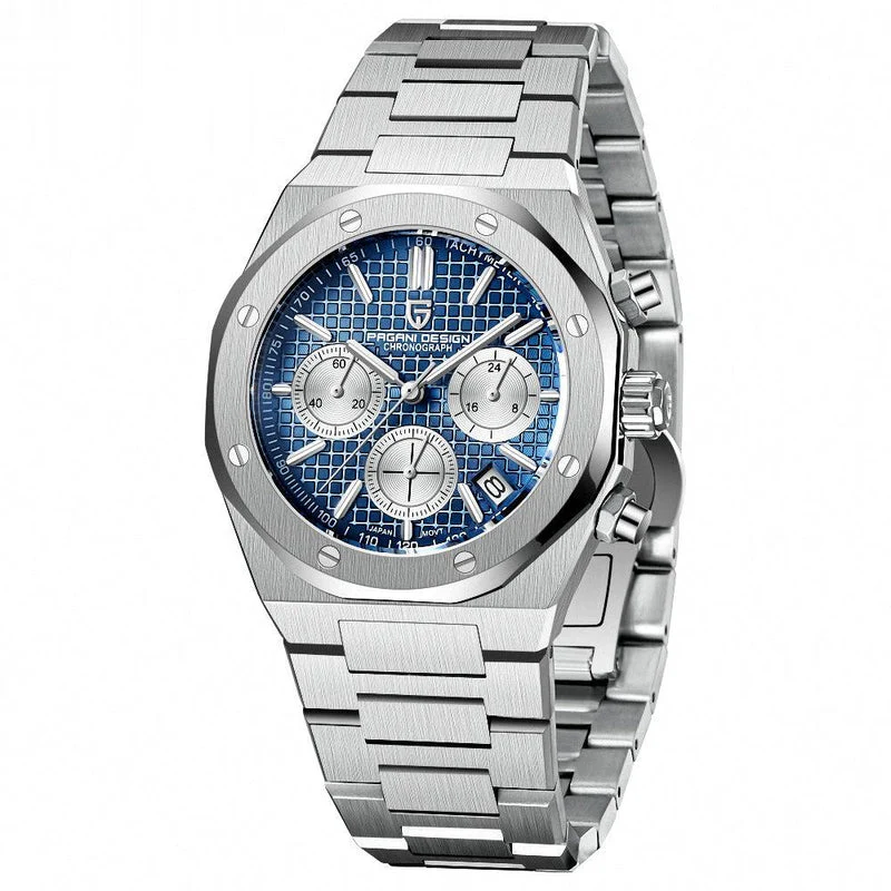 Pagani Design Silver Stainless Steel Blue Dial Chronograph Quartz Watch for Gents - PD1707