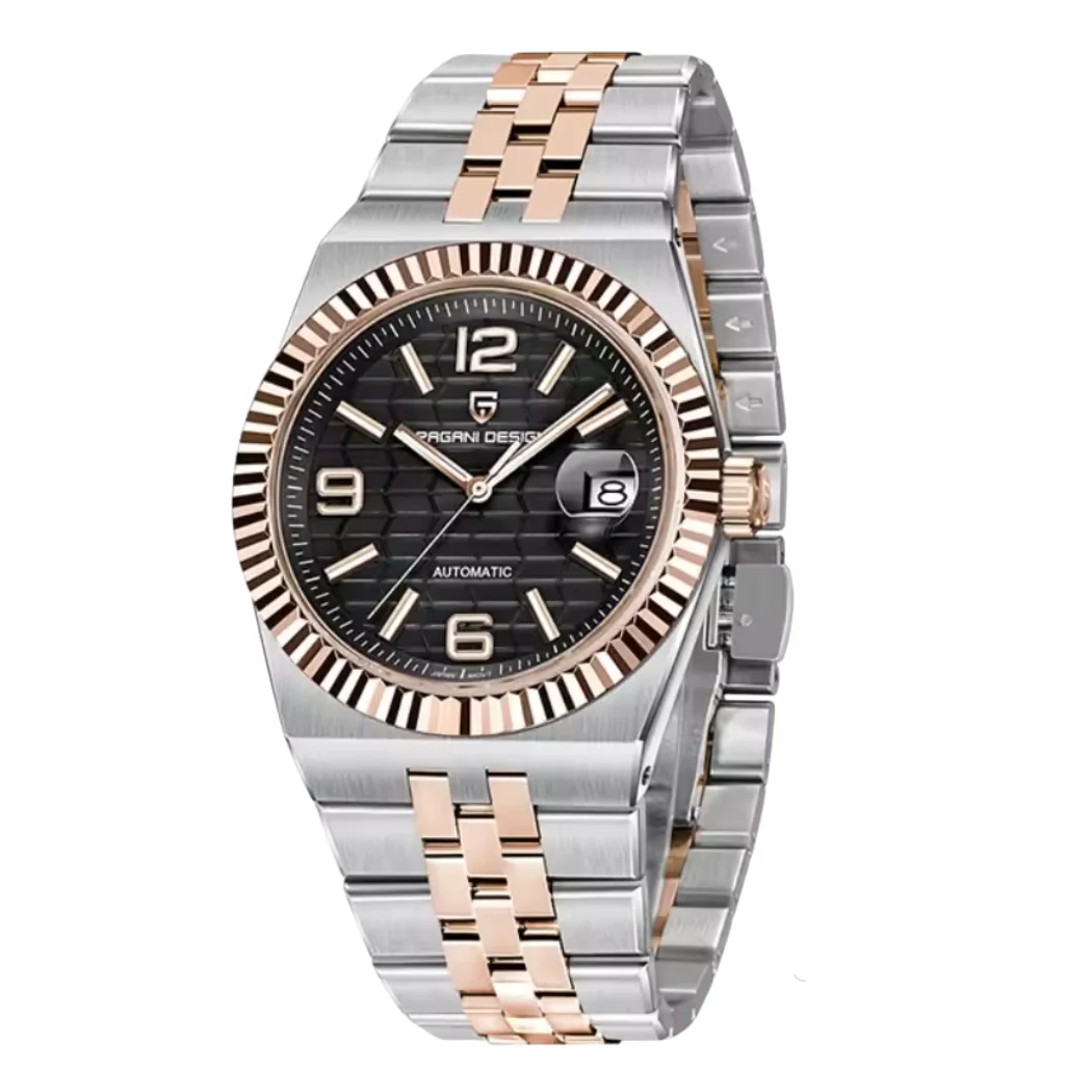 Pagani Silver & Rose Gold Two-Tone Stainless Steel Black Dial Automatic Watch for Gents – PD-YS027