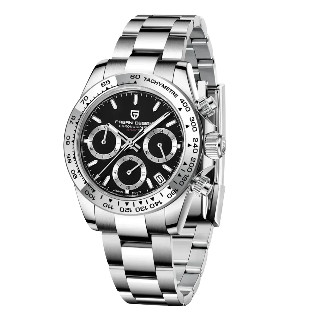 Pagani Silver Stainless Steel Black Dial Chronograph Quartz Watch for Gents - PD-1727