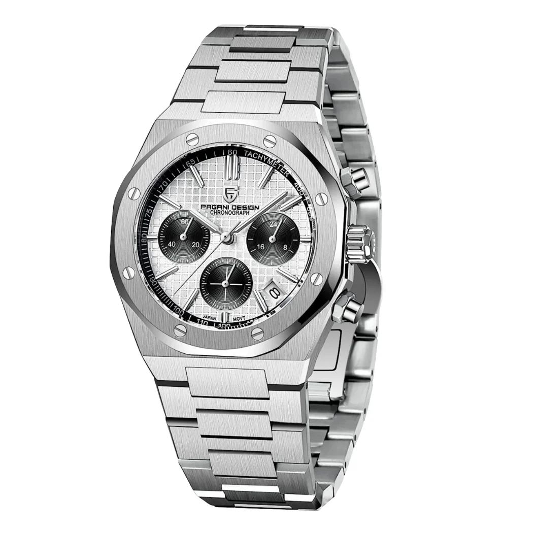 Pagani Silver Stainless Steel White Dial Chronograph Quartz Watch for Gents - PD-1707