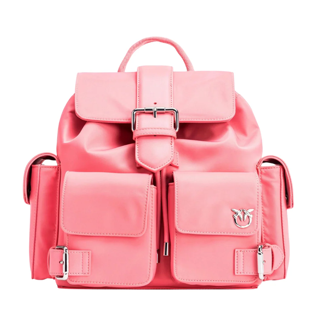 PINKO Donna Pocket Multi‑Pocket Backpack – Coral Pink Nylon