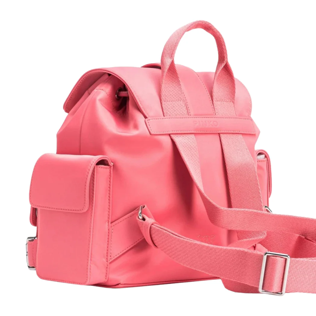 PINKO Donna Pocket Multi‑Pocket Backpack – Coral Pink Nylon - Image 2