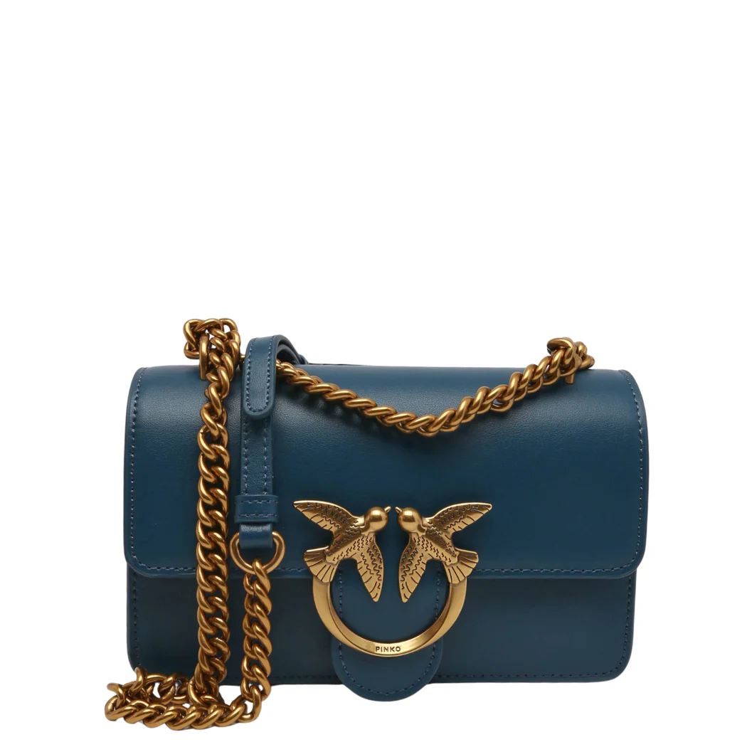 PINKO Love One Classic DC Crossbody Bag – Petrol Blue Quilted Calfskin