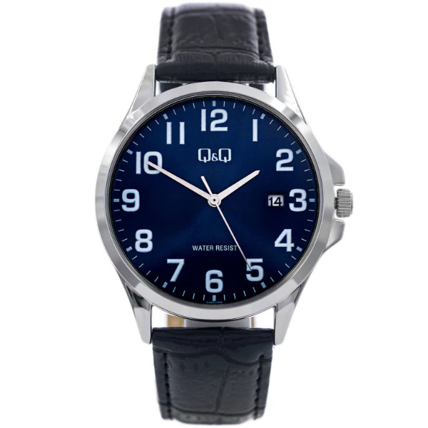 Q&Q Black Leather Strap Blue Dial Quartz Watch for Gents - A480J305Y