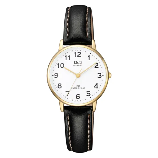Q&Q Black Leather Strap White Dial Quartz Watch for Ladies - QZ01J104Y