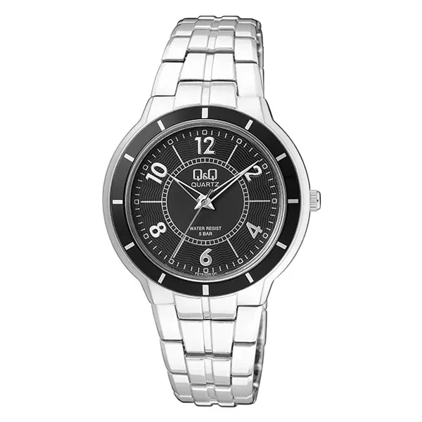 Q&Q Silver Stainless Steel Black Dial Quartz Watch for Ladies - F515-205y