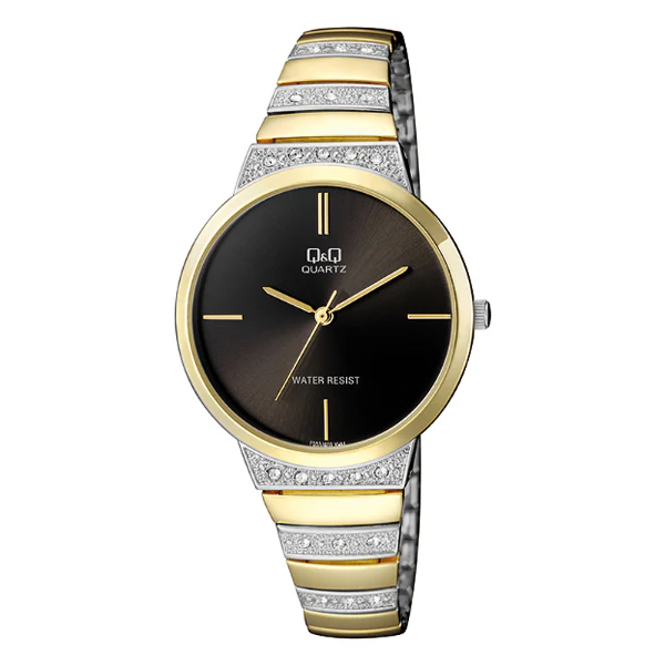 Q&Q Two-Tone Stainless Steel Black Dial Quartz Watch for Ladies - F553J402