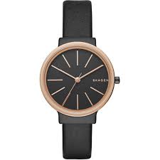 Skagen Ancher Black Leather Strap Black Dial Quartz Watch for Ladies- SKW-2480