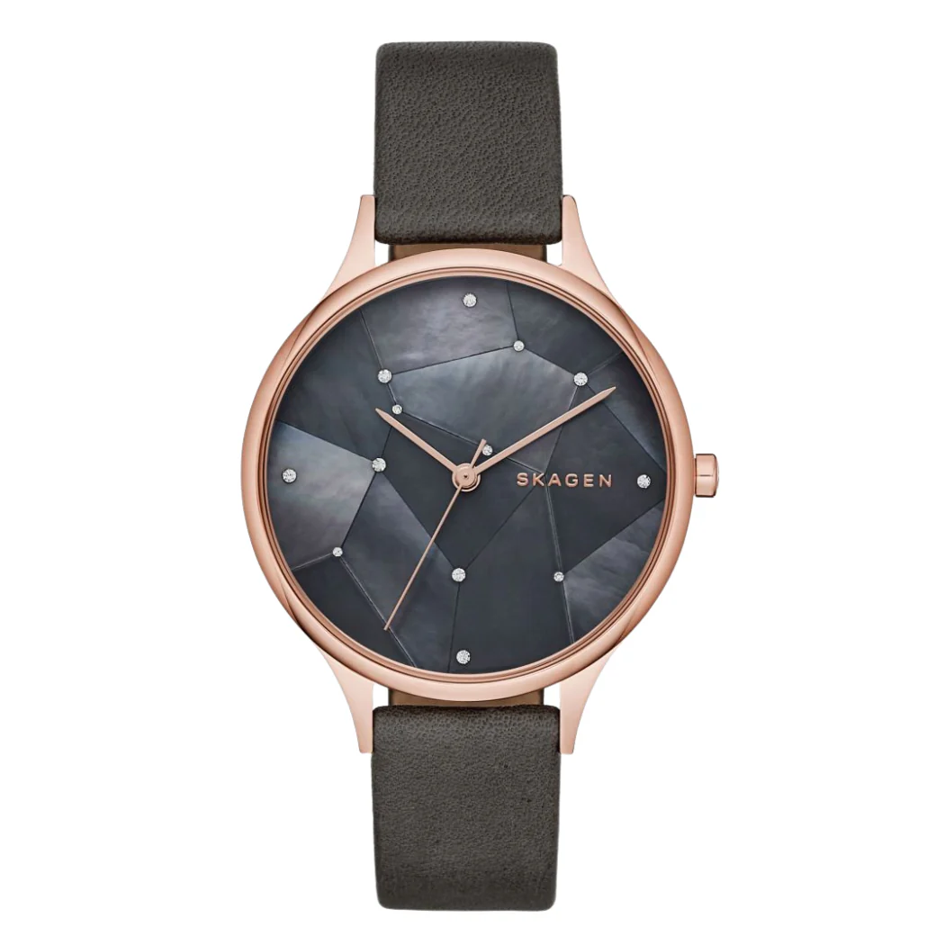 Skagen Anita Black Leather Strap Mother of pearl Dial Quartz Watch for Ladies - SKW2390