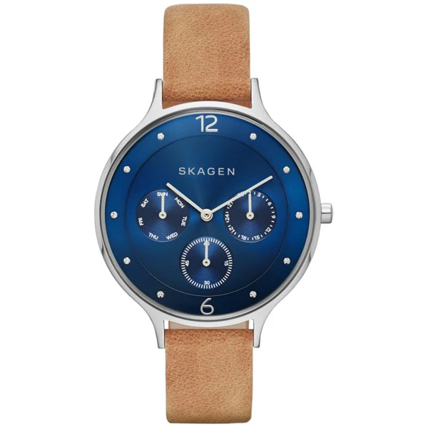 Skagen Anita Brown Leather Strap Blue Dial Quartz Watch for Ladies - SKW2310