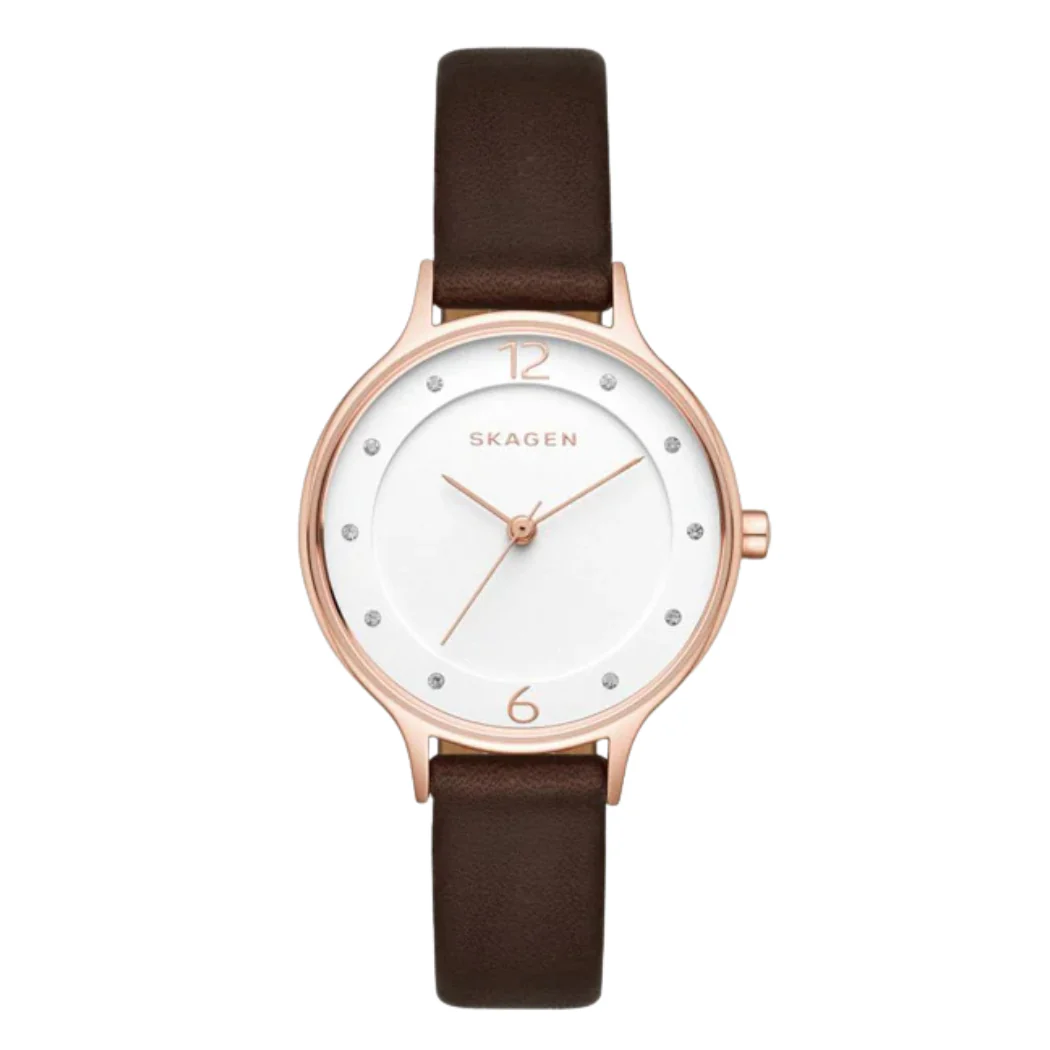 Skagen Anita Brown Leather Strap White Dial Quartz Watch for Ladies - SKW2472