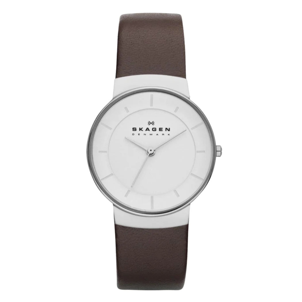Skagen Brown Leather Strap White Dial Quartz Watch for Ladies - SKW2058