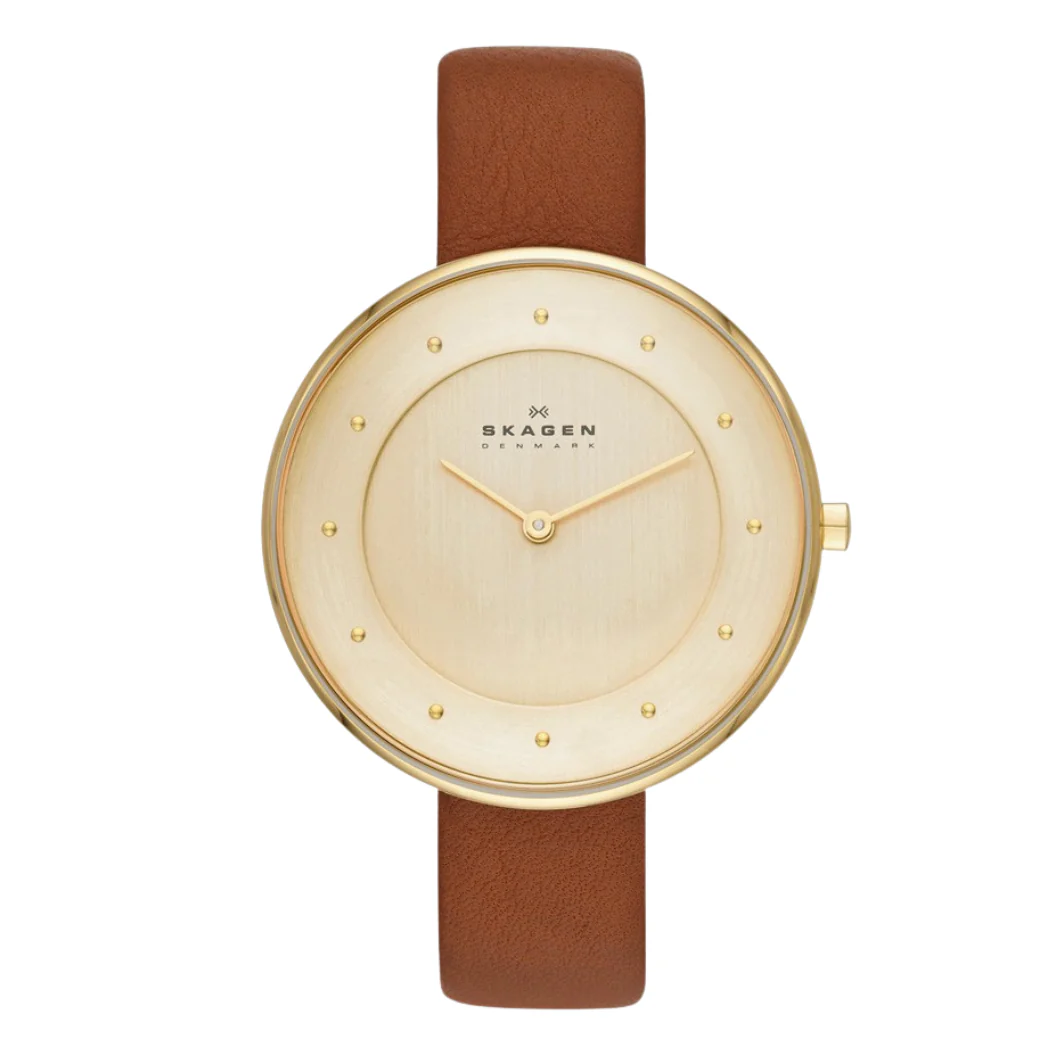 Skagen Gitte Brown Leather Strap Gold Dial Quartz Watch for Ladies - SKW2138