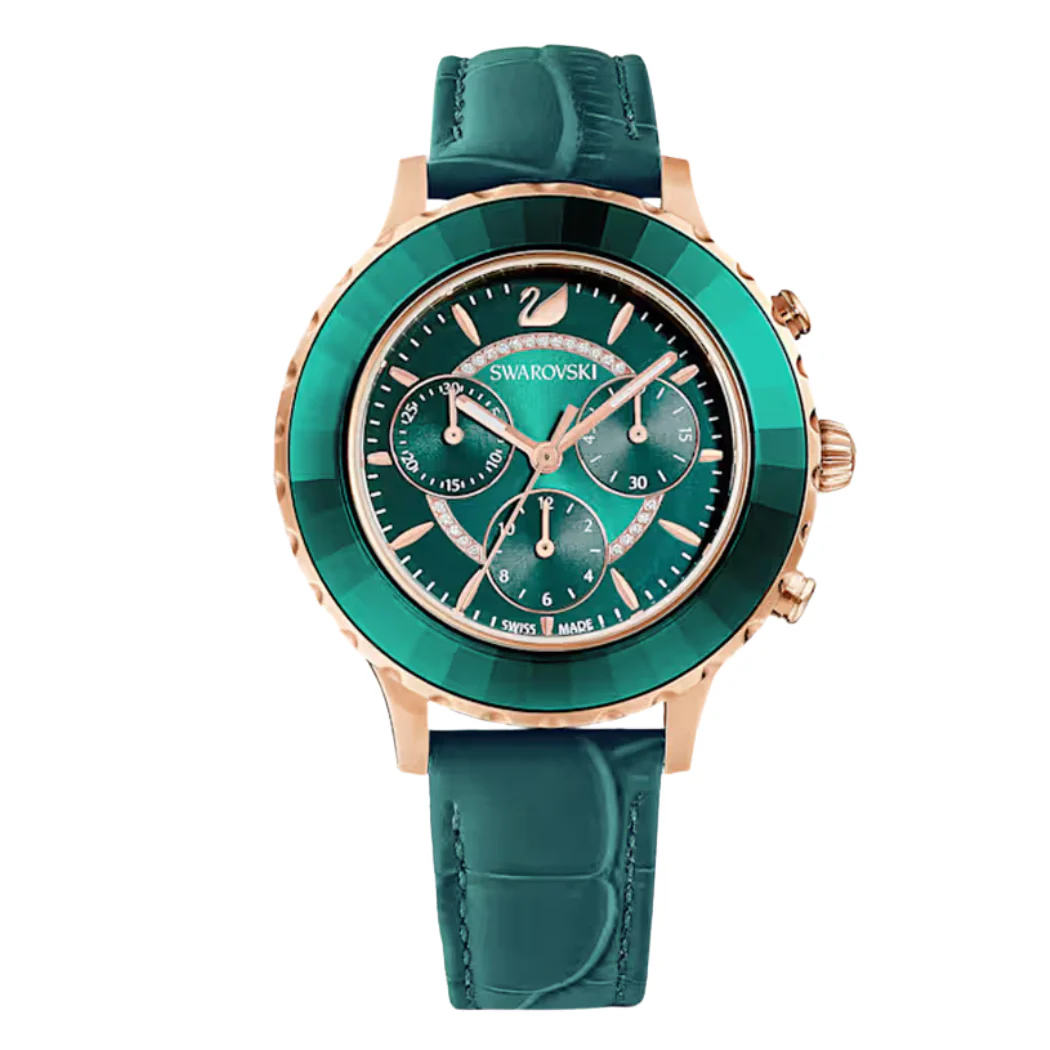 Swarovski Green Leather Strap Green Dial Chronograph Quartz Watch for Ladies - Swarovski 5452498