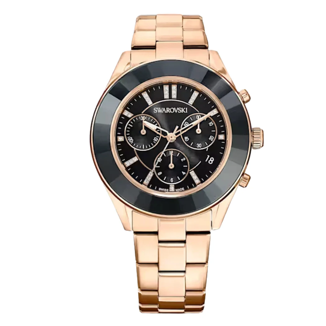 Swarovski Rose Gold Stainless Steel Black Dial Chronograph Quartz Watch for Ladies - Swarovski 5610478