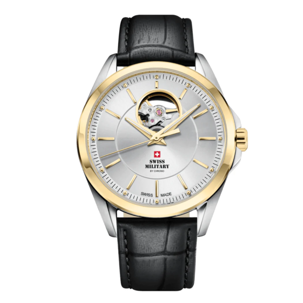 Swiss Military Black Leather Strap Silver Dial Automatic Watch for Gents - SMA34085.36