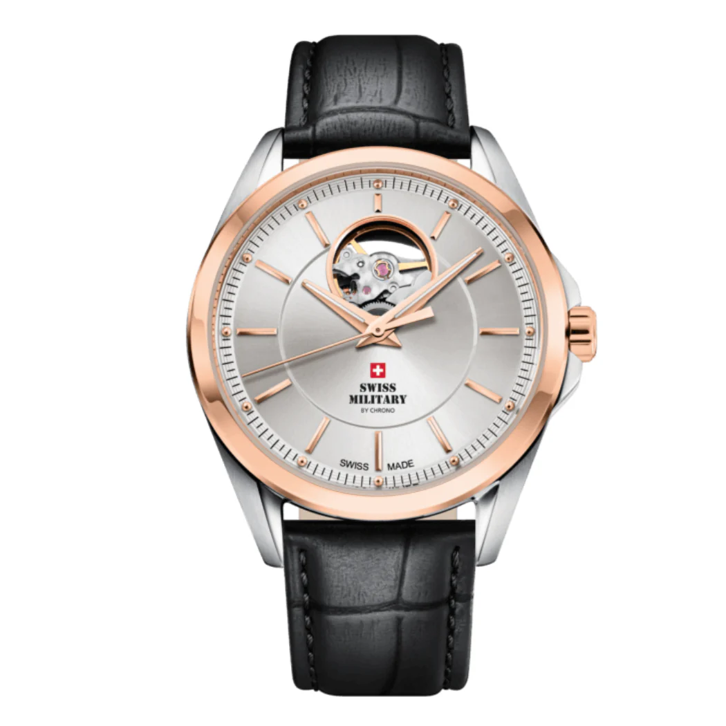 Swiss Military Black Leather Strap Silver Dial Automatic Watch for Gents - SMA34085.37