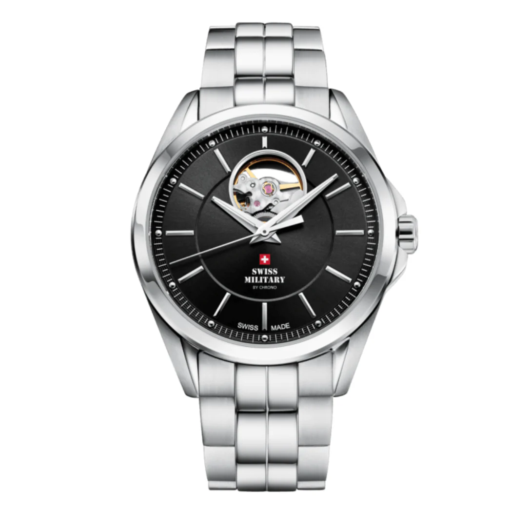 Swiss Military Silver Stainless Steel Black Dial Automatic Watch for Gents - SMA34085.21