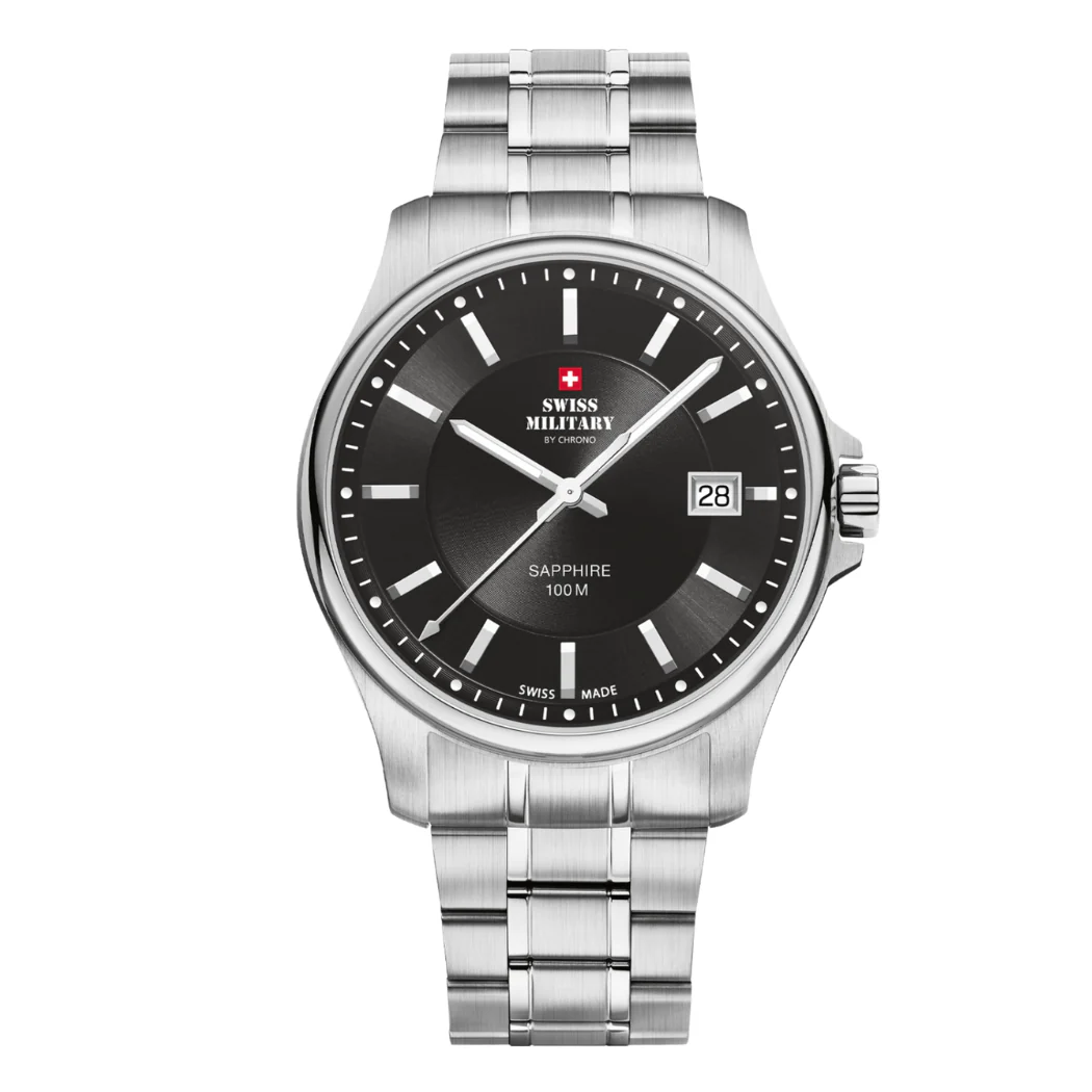 Swiss Military Silver Stainless Steel Black Dial Quartz Watch for Gents - SM30200.01