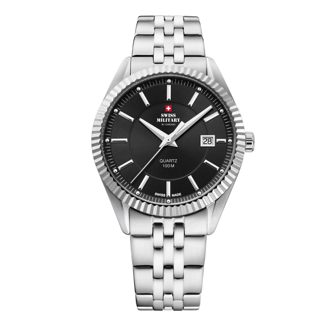 Swiss Military Silver Stainless Steel Black Dial Quartz Watch for Gents - SM34065.01