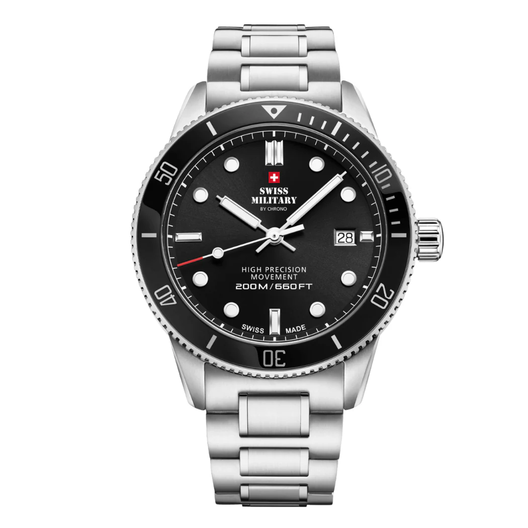 Swiss Military Silver Stainless Steel Black Dial Quartz Watch for Gents - SM34088.01