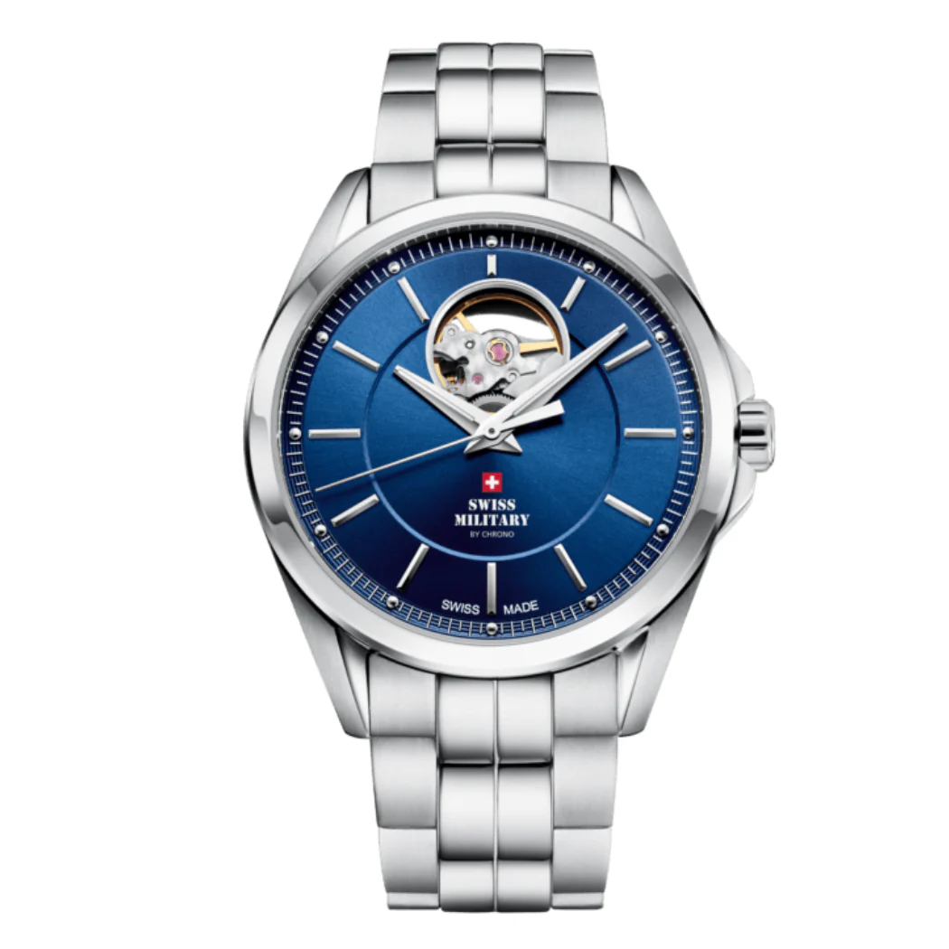 Swiss Military Silver Stainless Steel Blue Dial Automatic Watch for Gents - SMA34085.23