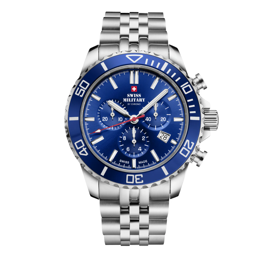 Swiss Military Silver Stainless Steel Blue Dial Chronograph Quartz Watch for Gents - SM34103.02