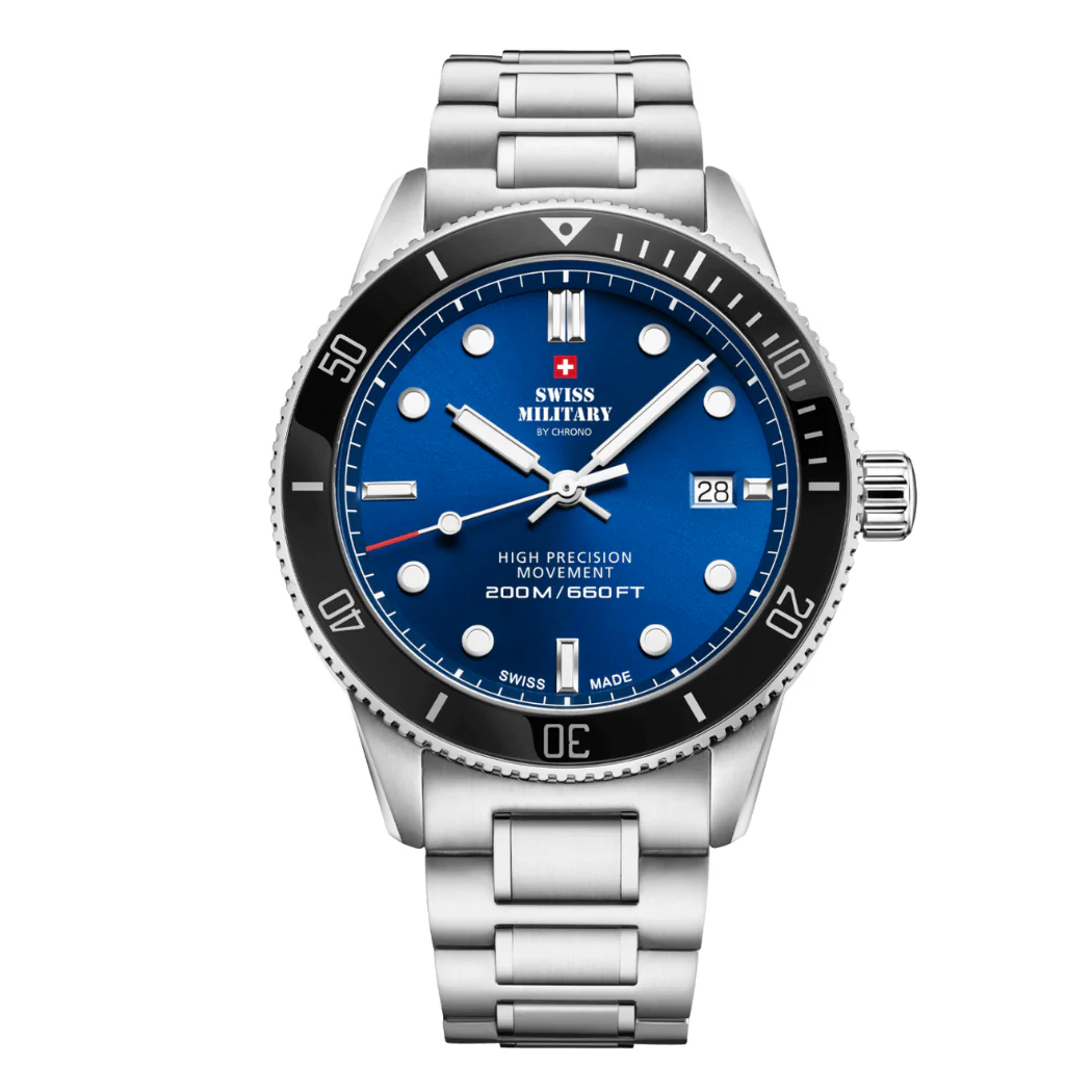 Swiss Military Silver Stainless Steel Blue Dial Quartz Watch for Gents - SM34088.02