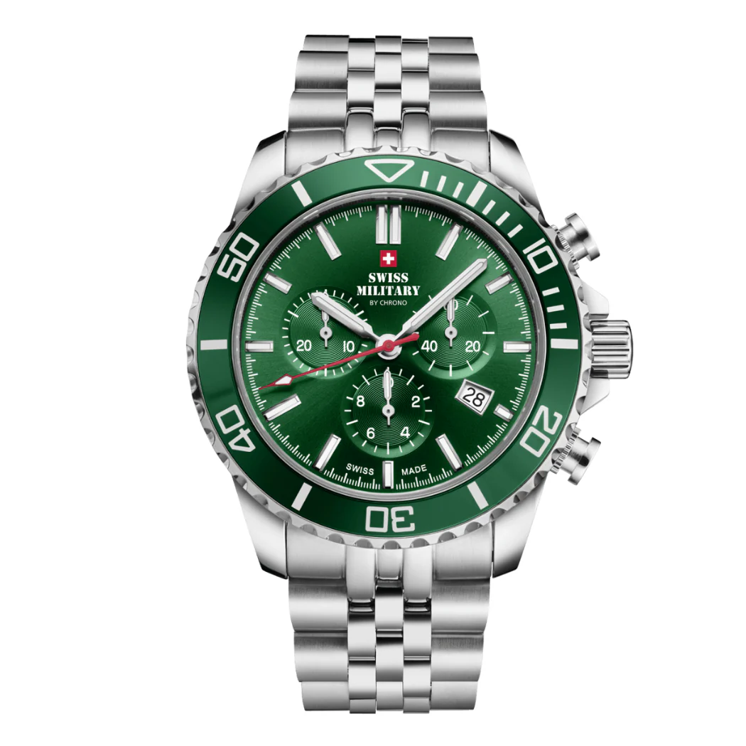 Swiss Military Silver Stainless Steel Green Dial Chronograph Quartz Watch for Gents - SM34103.04