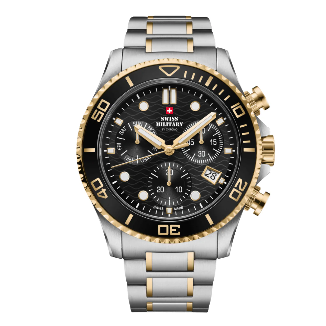 Swiss Military Two-tone Stainless Steel Black Dial Chronograph Quartz Watch for Gents - SM34101.03