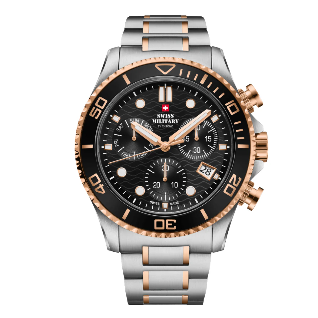 Swiss Military Two-tone Stainless Steel Black Dial Chronograph Quartz Watch for Gents - SM34101.06