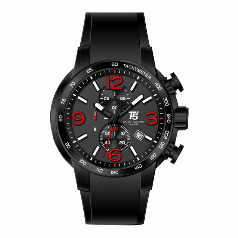 T5 Black Silicone Strap Grey Dial Chronograph Quartz Watch for Gents - H3450G-A
