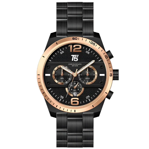T5 Black Stainless Steel Black Dial Chronograph Quartz Watch for Gents - H3520G-E