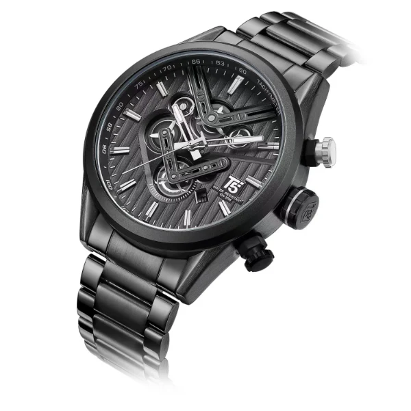 T5 Black Stainless Steel Black Dial Chronograph Quartz Watch for Gents - H3628G-D - Image 2