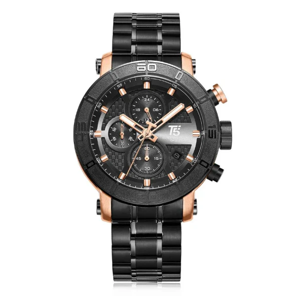 T5 Black Stainless Steel Black Dial Chronograph Quartz Watch for Gents - H3635G-E