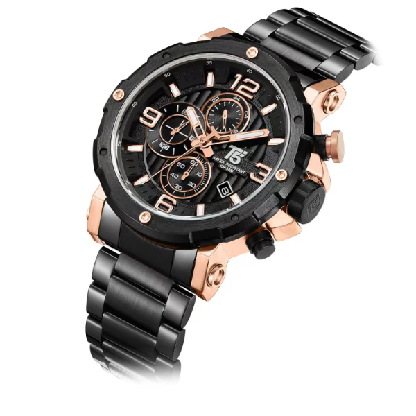 T5 Black Stainless Steel Black Dial Chronograph Quartz Watch for Gents - H3640G-D - Image 2