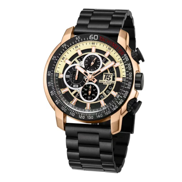 T5 Black Stainless Steel Black Dial Chronograph Quartz Watch for Gents - H3710G-E