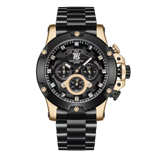 T5 Black Stainless Steel Black Dial Chronograph Quartz Watch for Gents - H3760G-D