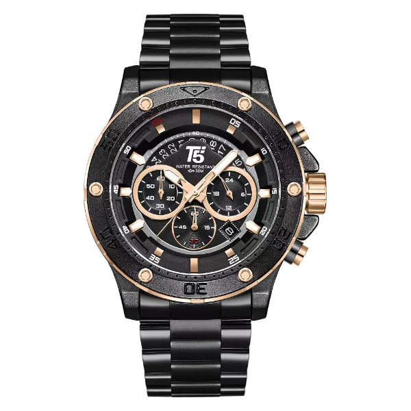 T5 Black Stainless Steel Black Dial Chronograph Quartz Watch for Gents - H3783G-B