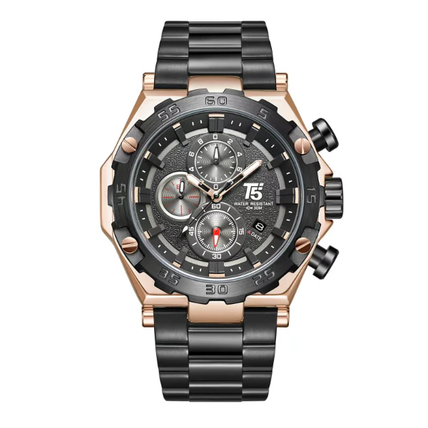 T5 Black Stainless Steel Black Dial Chronograph Quartz Watch for Gents - H3847G-D