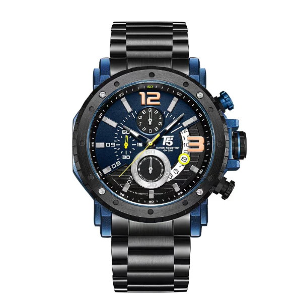 T5 Black Stainless Steel Blue Dial Chronograph Quartz Watch for Gents - H3746G-D