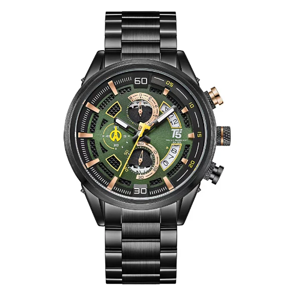 T5 Black Stainless Steel Green Dial Chronograph Quartz Watch for Gents - H3733G-B